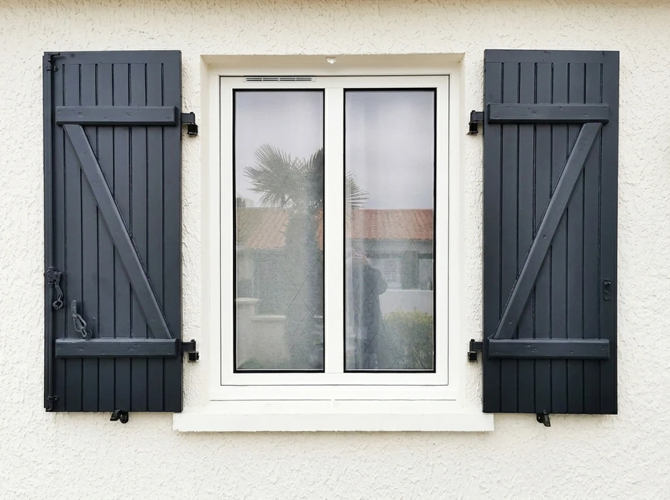 Façade extérieure blanche avec une fenêtre PVC double vantaux, cadre blanc, vitrage transparent reflétant une végétation tropicale et toiture tuiles