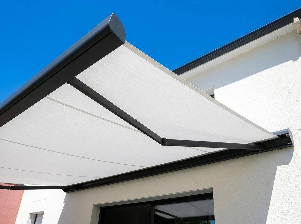 Scène extérieure avec store banne déployé sous ciel bleu nuageux