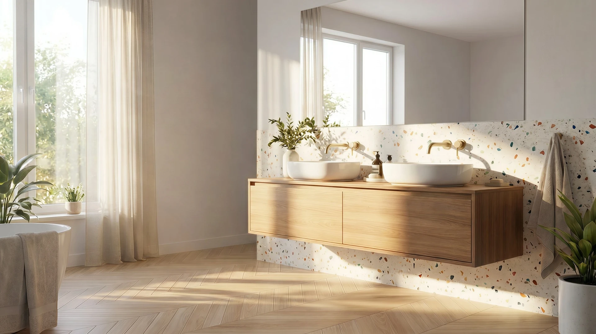 Salle de bain moderne haut de gamme avec douche à l'italienne vitrée, baignoire encastrée et double vasque