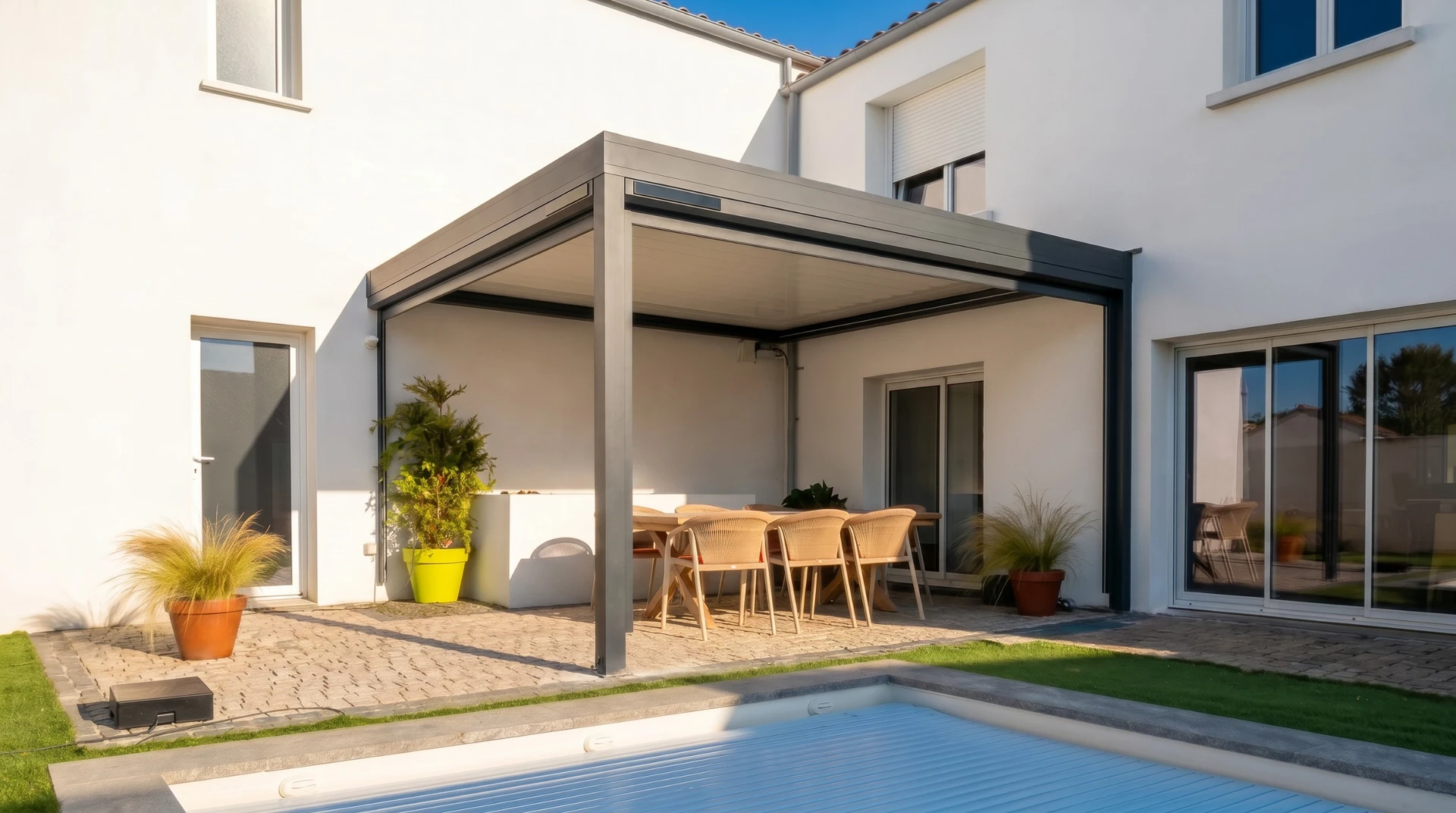 Extension contemporaine combinant bardage bois vertical en sapin naturel clair et mur en pierre calcaire apparente