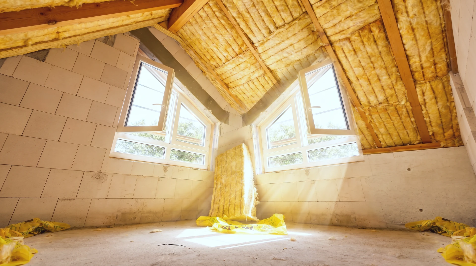 Photographie d'un chantier de rénovation montrant un ouvrier professionnel installant de l'isolant thermique (laine minérale ou panneau isolant) sur la façade extérieure d'une maison résidentielle. L'image doit capturer le travail de pose d'isolation périphérique avec clarté, montrant les matériaux isolants en place et le geste professionnel, en pleine lumière naturelle pour illustrer la qualité du travail et l'expertise technique de Batirénov 17.